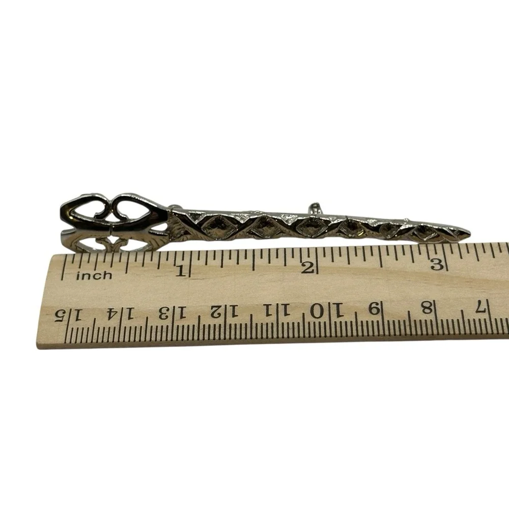 Vintage Art Nouveau Revival Bar Brooch‎ Ornate Silver Tone Textured Open Work